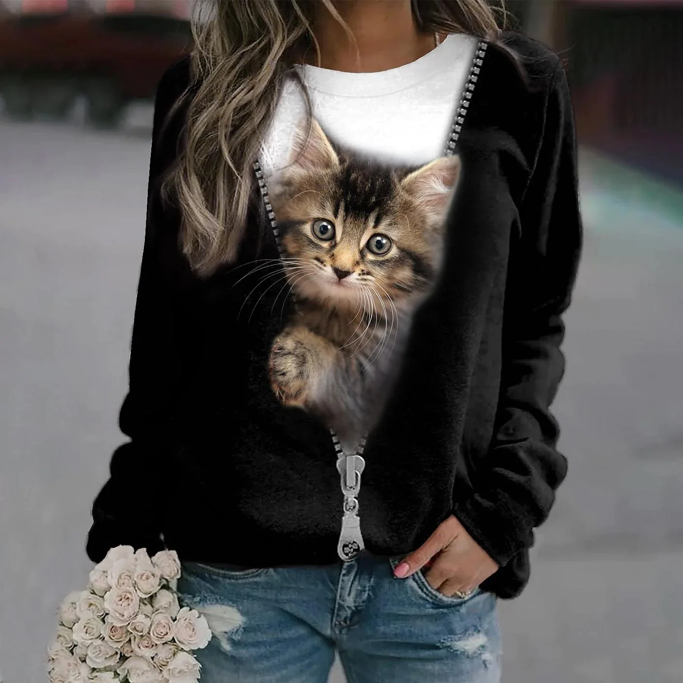 Funny Cute Cat Sweatshirts Animal 3D Print Hoodies Autumn Women Long Sleeve Y2k Hoodie Oversized Pullovers Tops Female Clothing