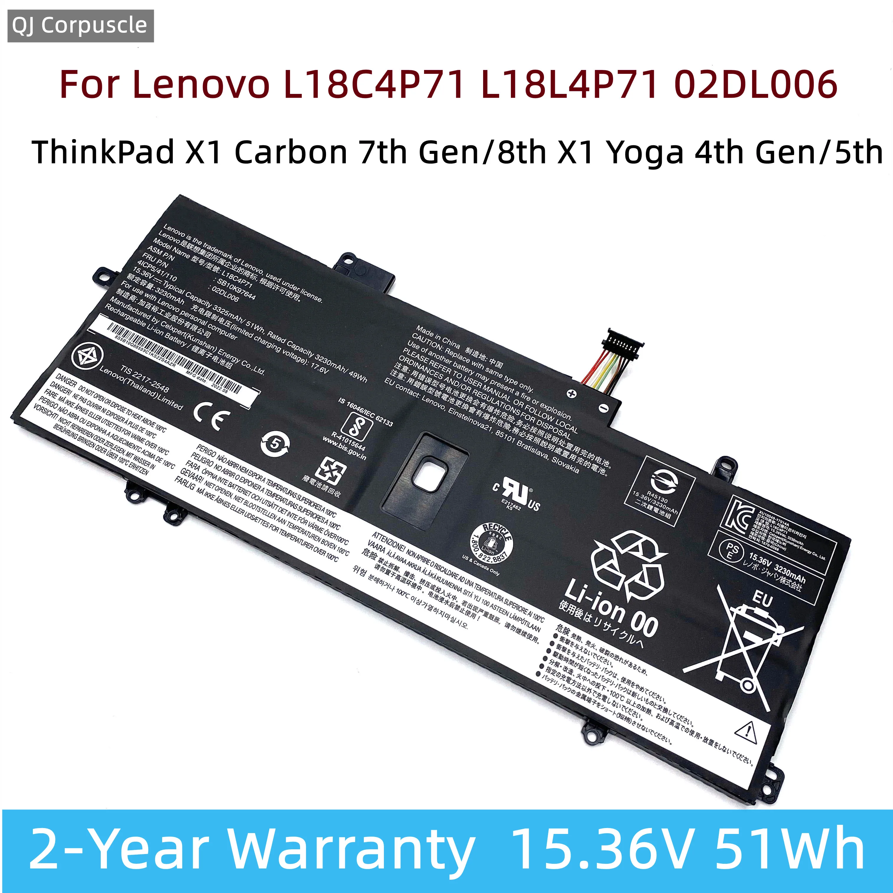 

New Original L18C4P71 Laptop Battery For Lenovo ThinkPad X1 Carbon 7th Gen/8th X1 Yoga 4th Gen/5th L18M4P72 SB10K97642 02DL004