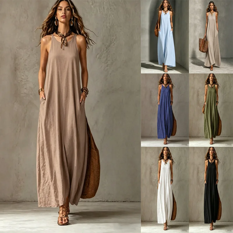 Women Sleeveless Cotton Linen Maxi Dress Solid Color U Neck Loose Long Dress With Pockets Casual Beach Vacation Sundress Oversiz
