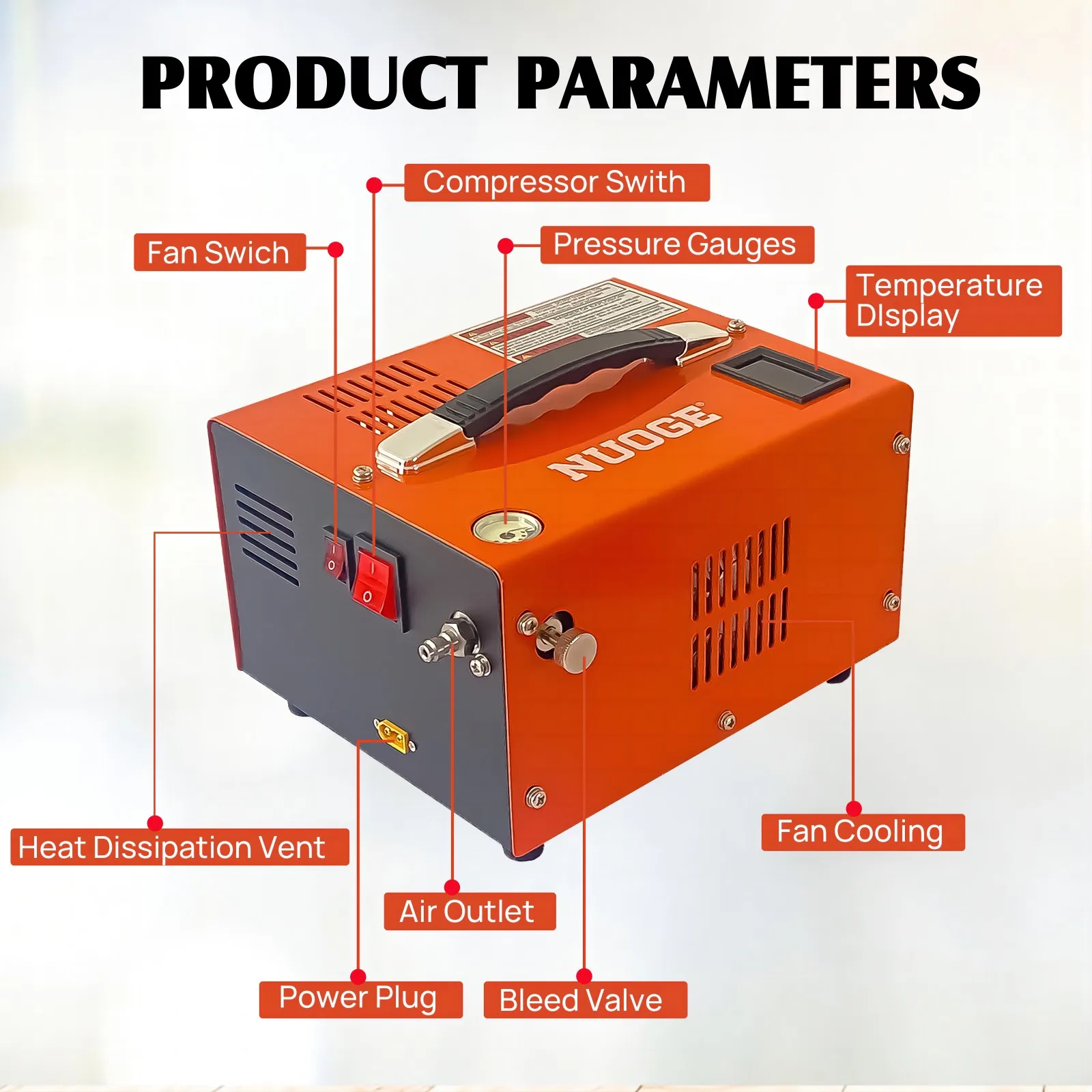 NUOGE PCP Compressor de Ar, Alta Pressão Grande Filtro, Óleo e Água Livre para Garrafas Submersíveis Airsoft, 4500Psi, 30Mbar, 110V, 220V