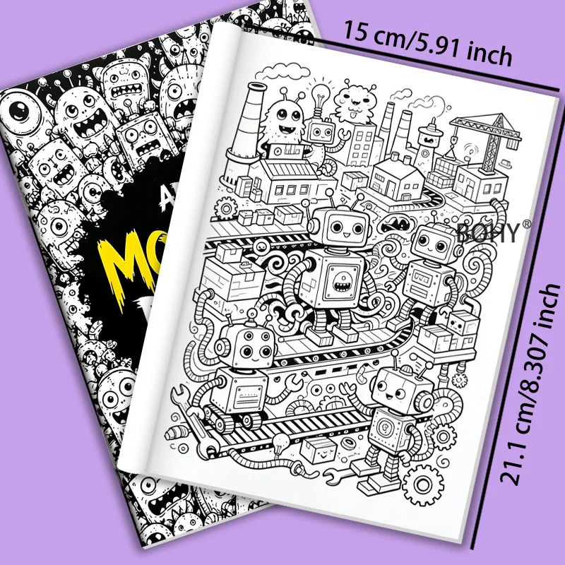 1 Adult Decompression Graffiti Copying and Coloring Book, 24 Pages of Theme Patterns Like Monster Camping and Mechanical Robots