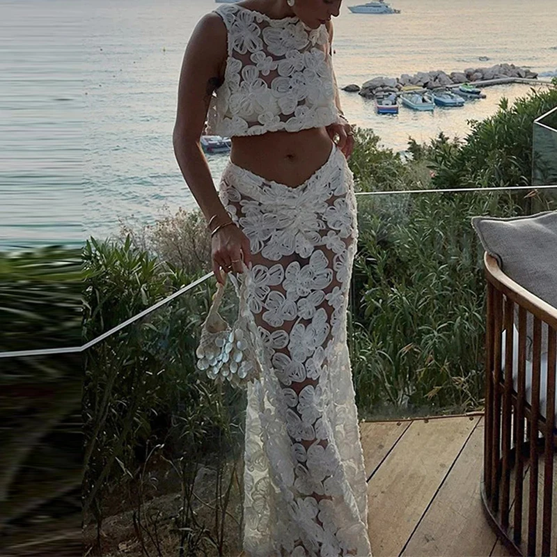 

Floral Embroidery Holiday Party Outfits Fashion O-neck Vest Tops & Long Skirts Suits Women Casual Sleeveless Mesh Slim 2Pc Sets