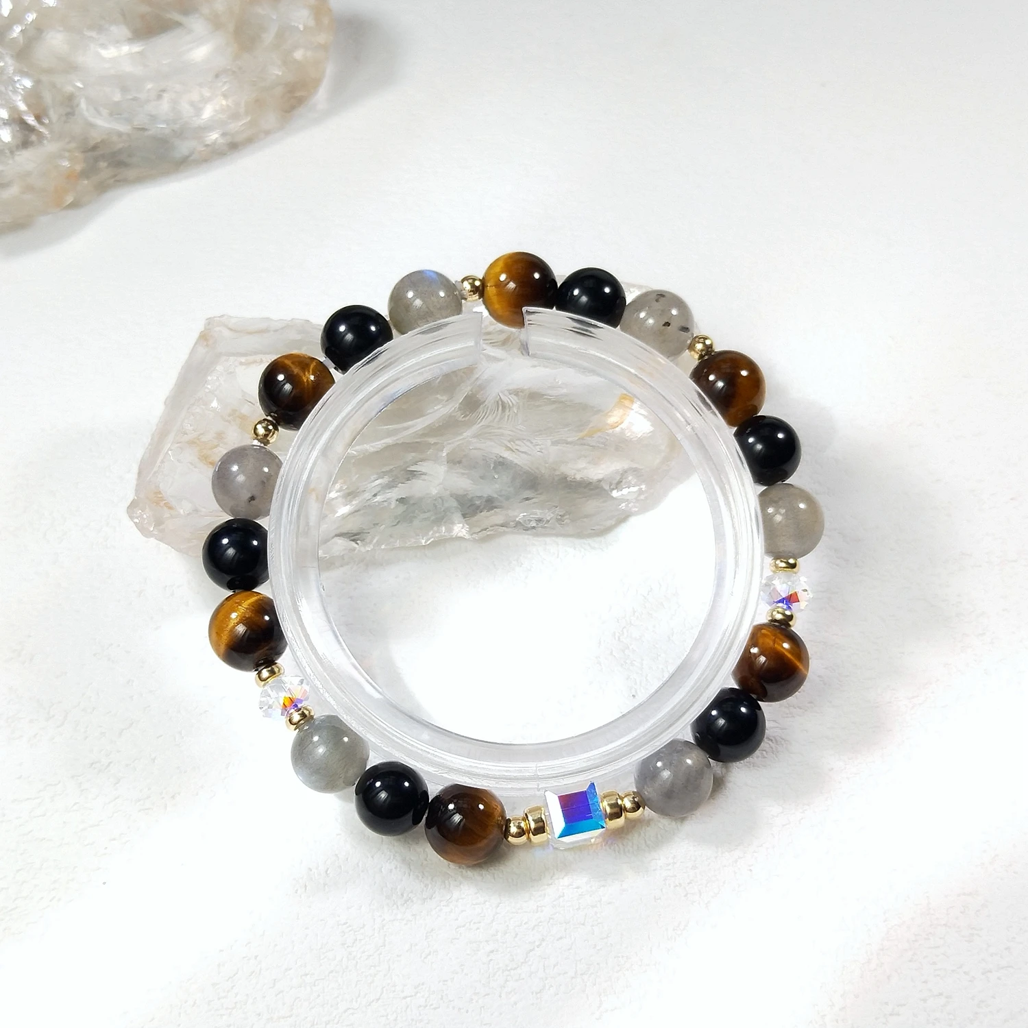 Lii Ji الحجر الطبيعي قوس قزح سبج عين النمر اللابرادوريت 6/8 مللي متر مع كريستال أمريكي 14K الذهب معبأ سوار مرن #4