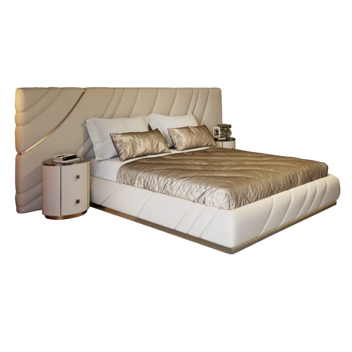 

#Luxury Modern Light Gold Trim Bed, Wave Striped Upholstered Platform Bed, High-end Villa Bedroom Furniture No Box Spring Needed