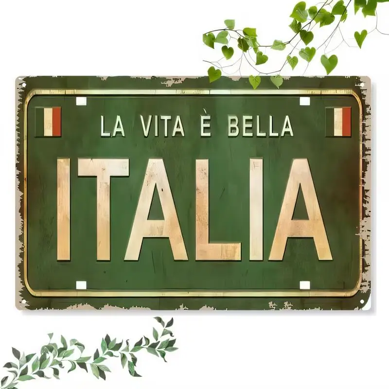 Vintage Green Metal Italy La Vita È Bella License Plate Tin Sign - Retro Iron Wall Art for Home, Café, Italian Decor