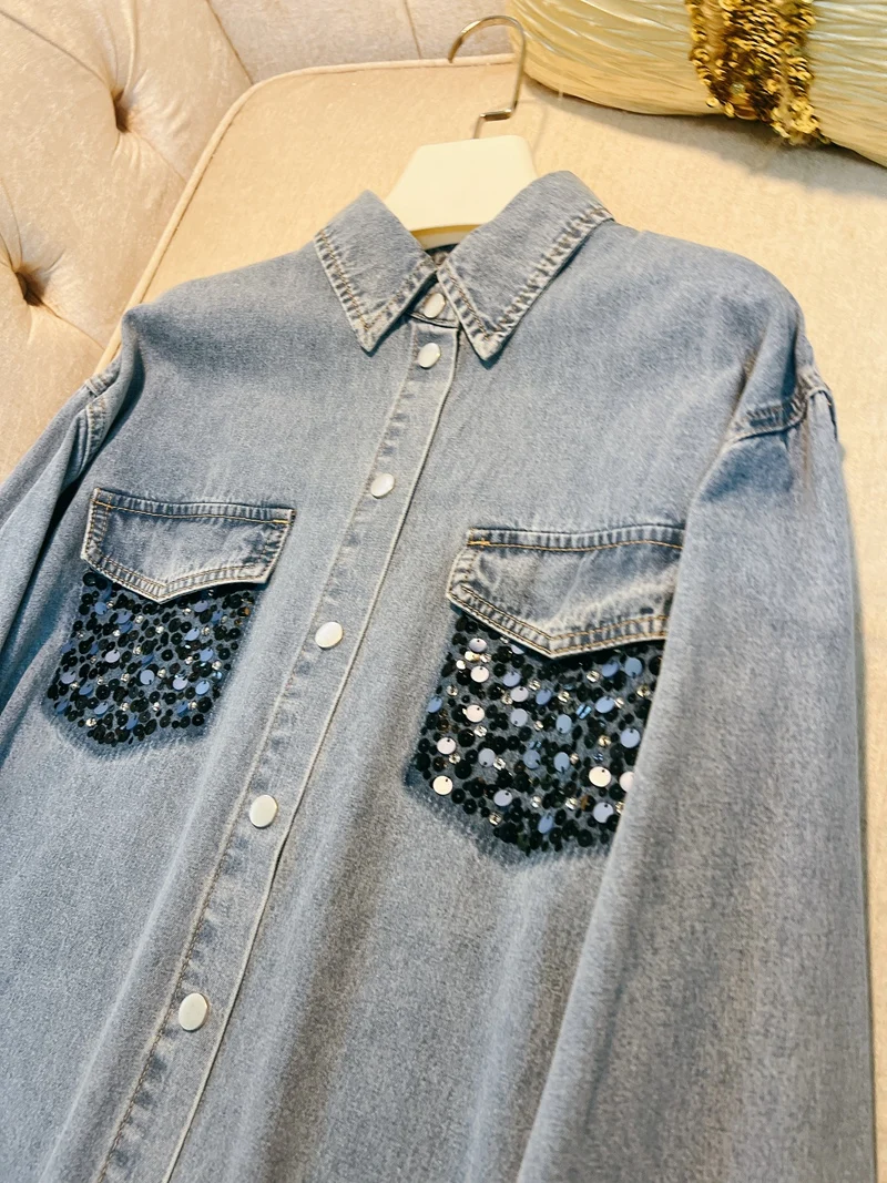 French Sequin Washed Loose Casual Blue Jeans Jacket Long-sleeved Rivet Button Single-breasted Denim Coat Shirt Women Autumn