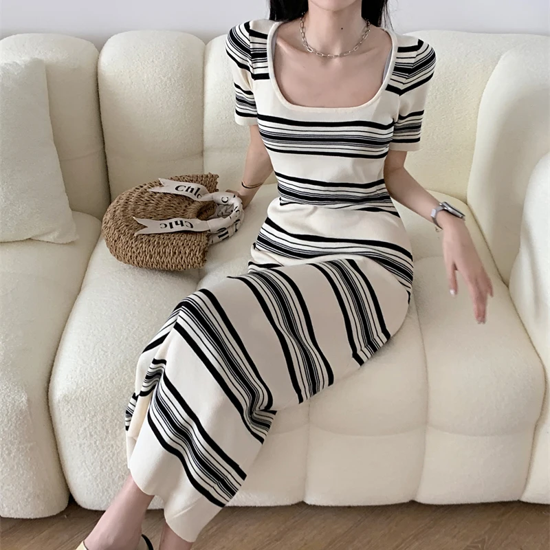 UBAU 2024 New Striped Dress Female Summer Spice Girl Short Sleeve Waist Slim Hip Skirt Long Home Clothes Pajamas Female