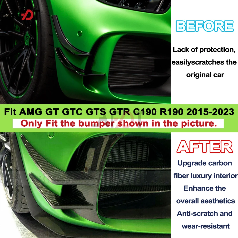 For Benz AMG GT C190 R190 GTC GTS GTR 2Doors 2015-2023 Real Dry Carbon Fiber Front Bumper Canards Fins Sticker Car Exterior
