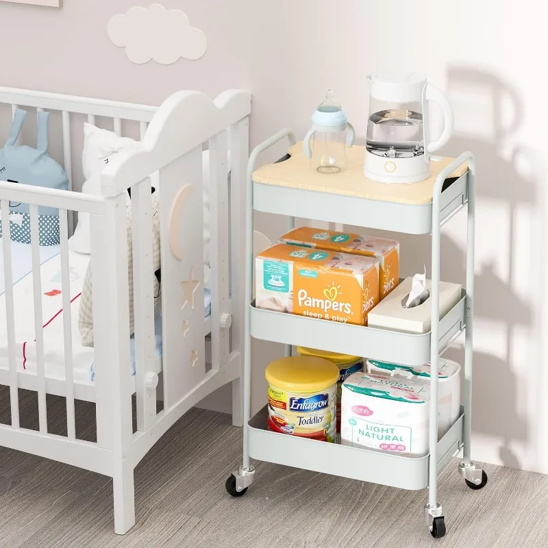 3 Tier Rolling Cart, Metal Utility Cart with Wheels & Wooden Top, Diaper Organizer Cart, Rolling Craft Storage Cart, Servi