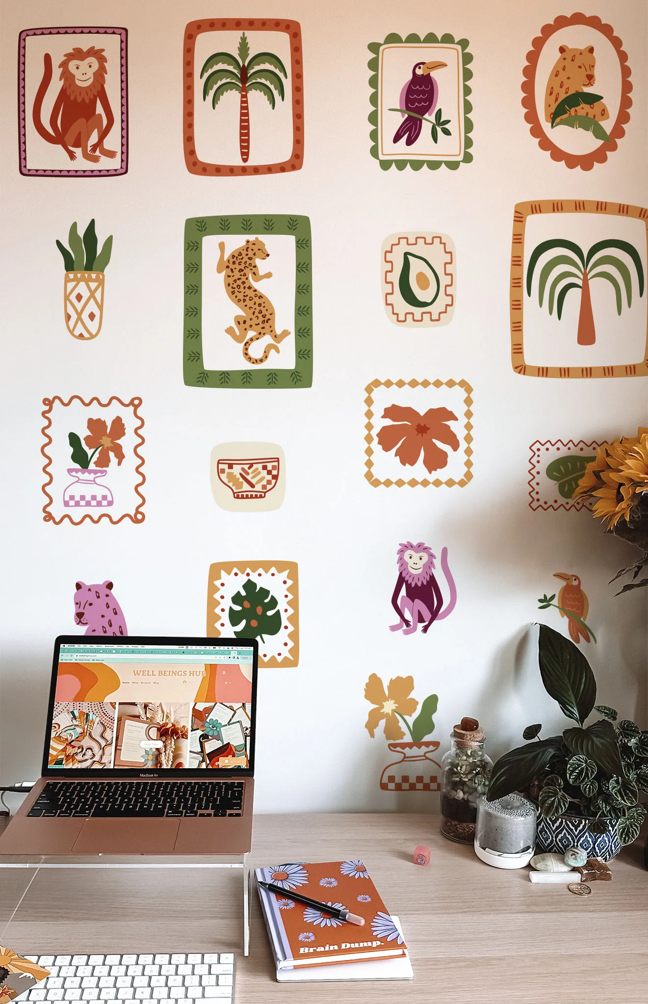 Modern Tropical Patchwork Animal Tree Wall Stickers Bedroom Playroom Palm Tree Tiger Lion Woodland Wall Decals Home Decor view 2