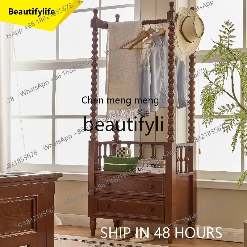 S7486 ss American Retro Solid Wood Coat Rack Entryway Bedroom Floor-standing Clothes Rack Ancient Style Multi-functional Drawer