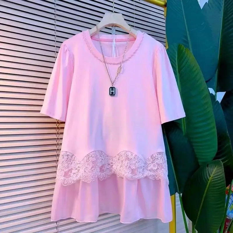 Summer Lace Patchwork Plus Size Street Casual Tops New Short Sleeve Solid Lazy Style T Shirts Fashion Vintage Women Clothing