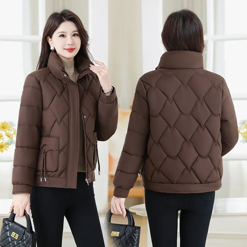 Women Stand Collar Puffer Jacket Short Diamond Quilted Padded Coat Down Thickened Thermal Insulated Windproof Winter Outerwear