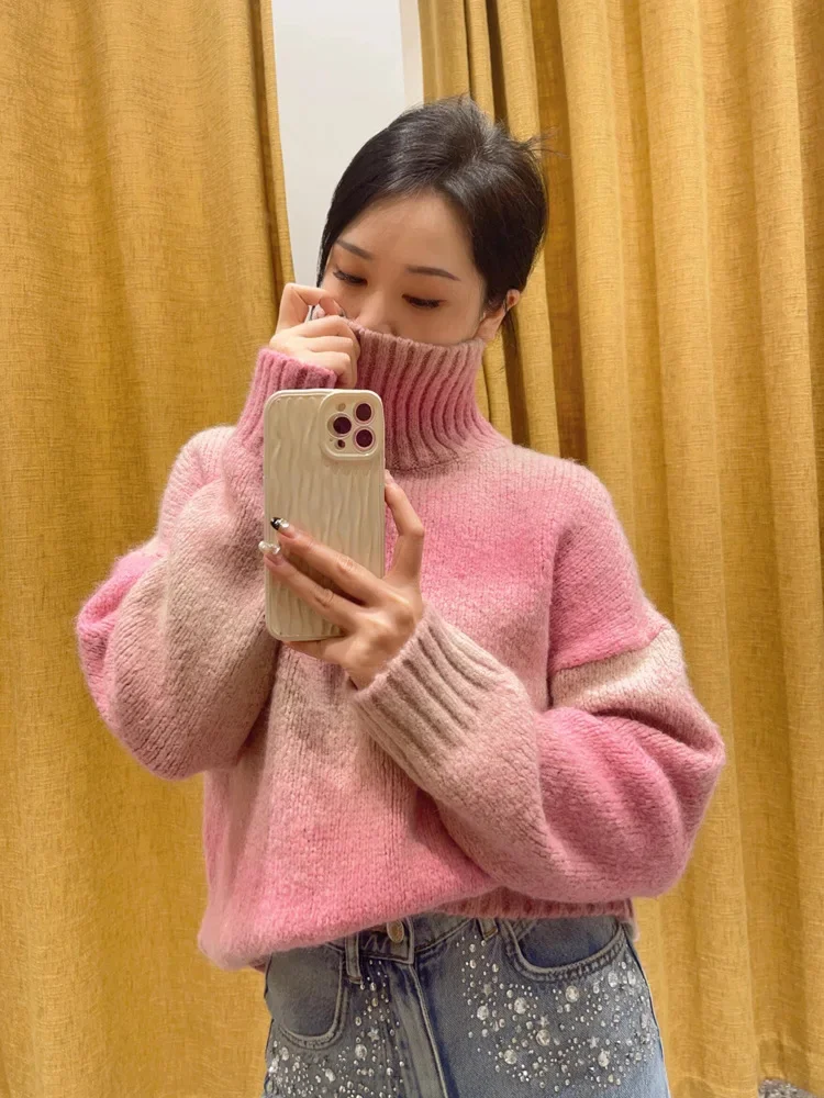 

Women Pink Gradient Turtleneck Knitted Pullover Tops 2025 Spring New Long Sleeve Sweet Fashion Thickening Sweater for Female