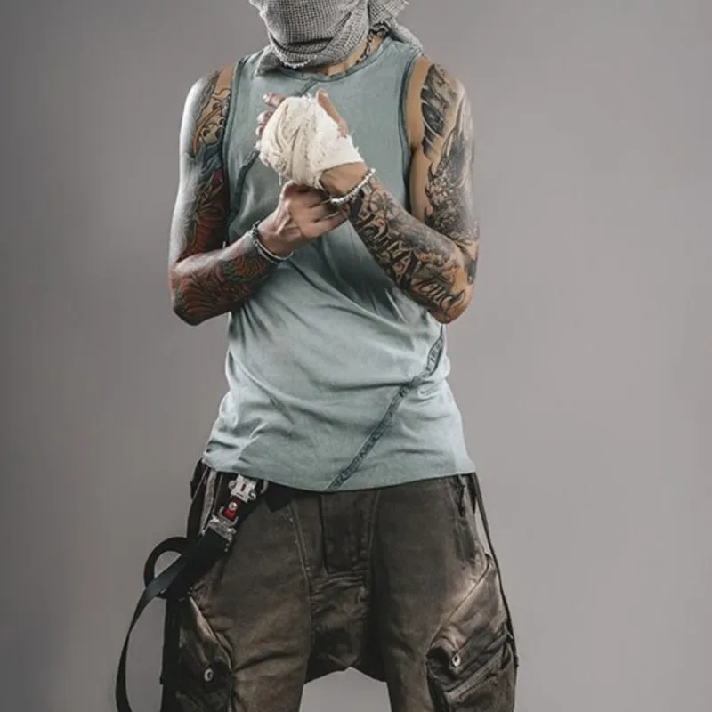 

Irregular Cut Washed and Worn Stretch Cotton Vest T-shirt