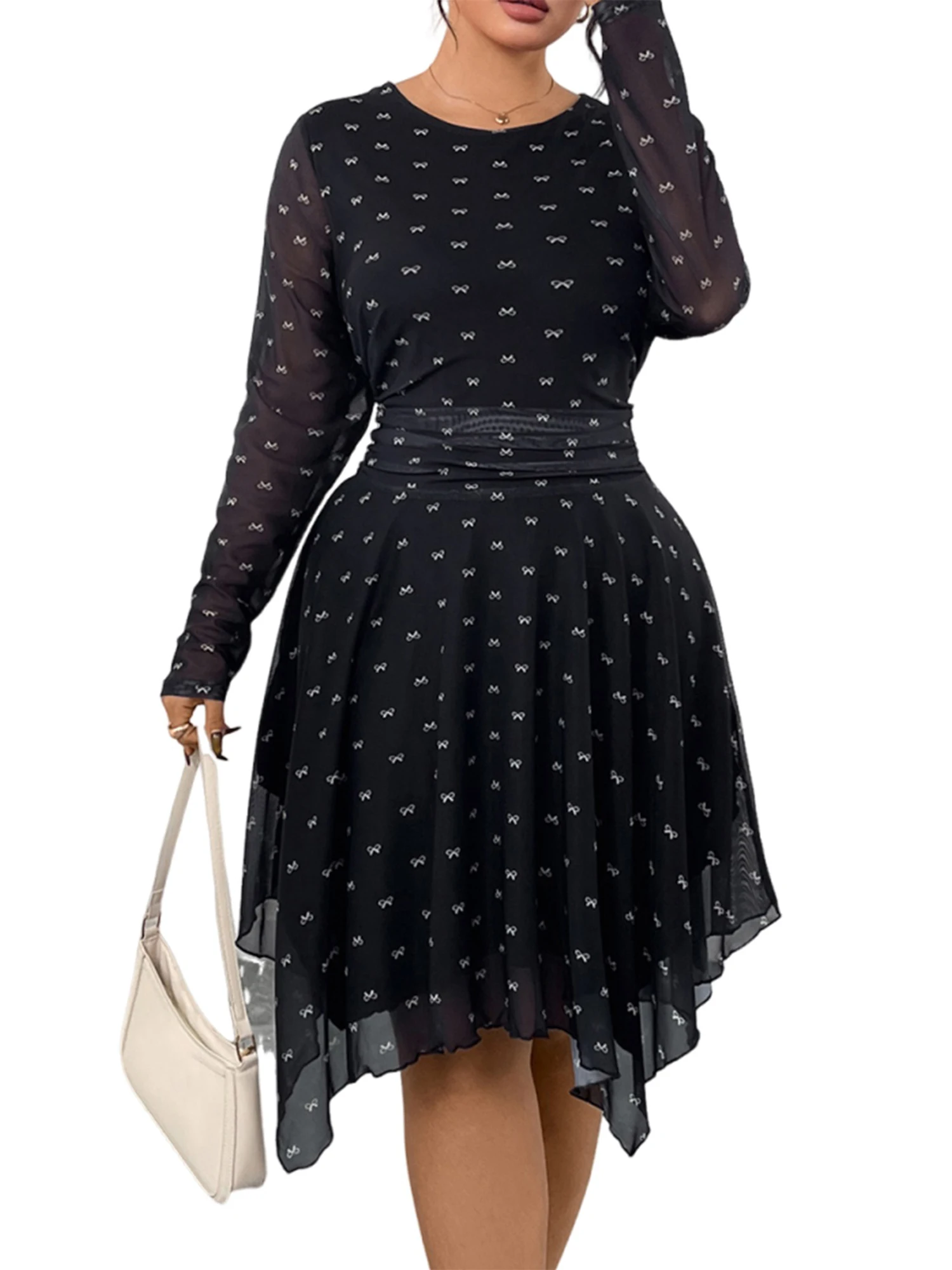 

Женское платье миди с асимметричным подолом и длинным рукавом, с круглым вырезом и бантом, струящееся платье