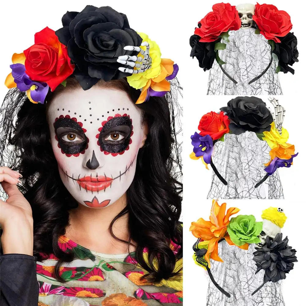 

Day of the Dead Flower Crown Headband Skull and Ghost with Black Veil Cosplay Hairband Exaggerated Halloween Rose Headpiece