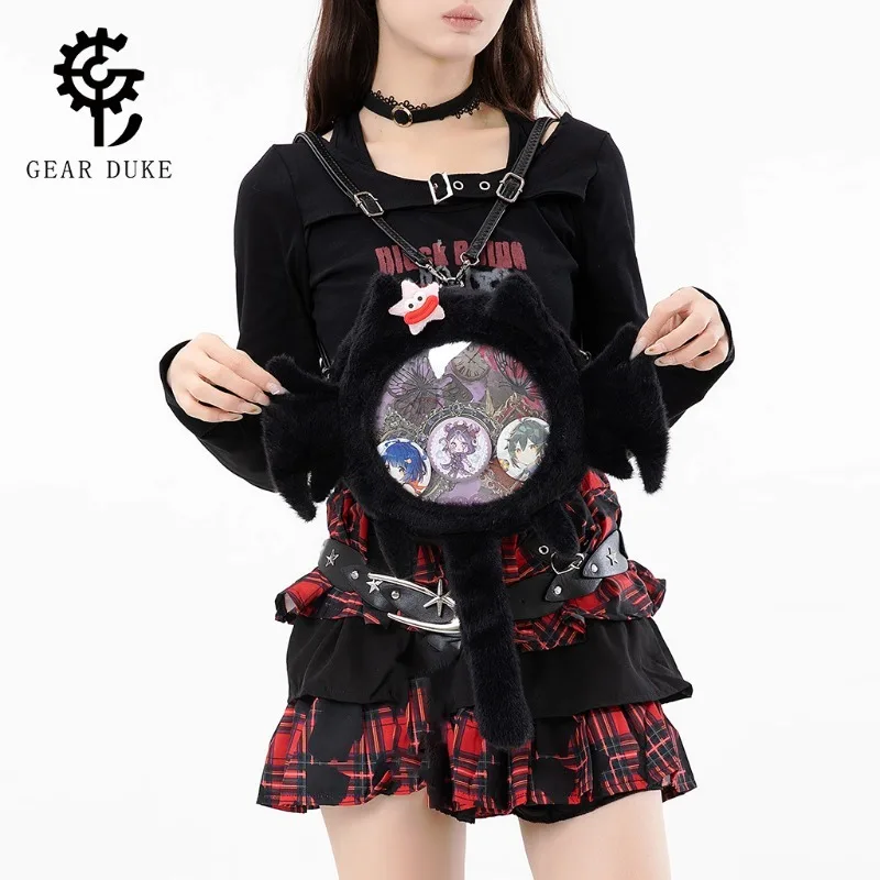 Black Gothic Bat Wing Cat Shaped Furry Ita Backpack, Clear Window Bag for Displaying Anime Pins, Badges and Collectibles
