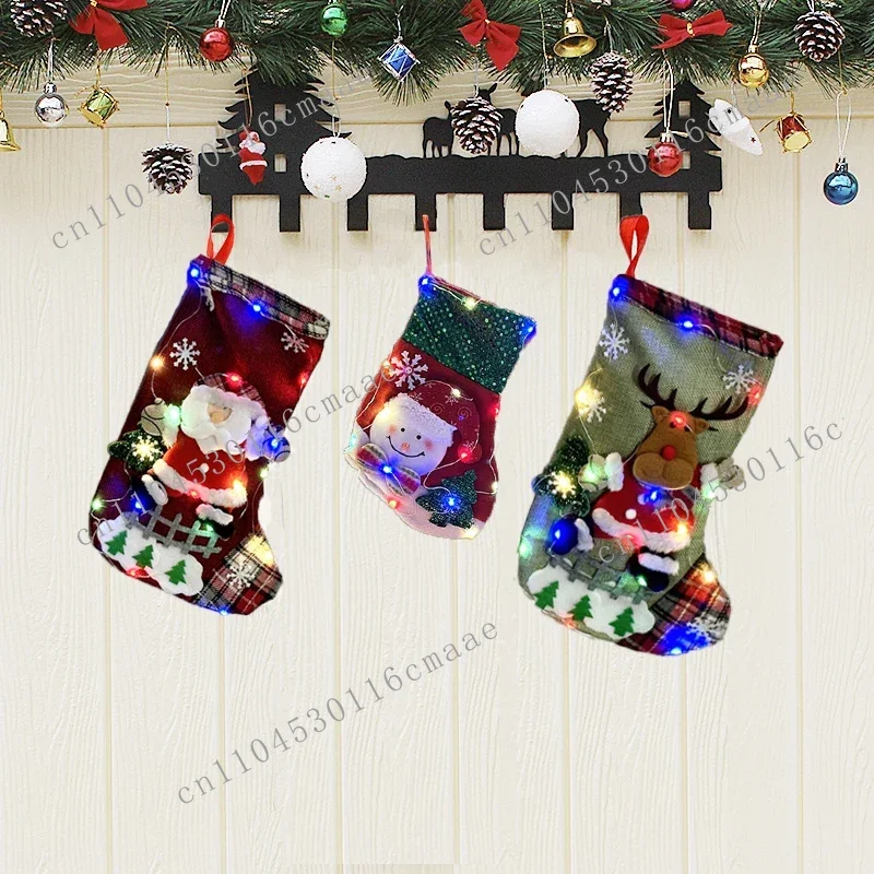 LED Glowing Christmas Stocking Home Ornament Santa Claus/Snowman/Bear/Elk Christmas Tree Stocking New Year Decor Candy Gift Bags