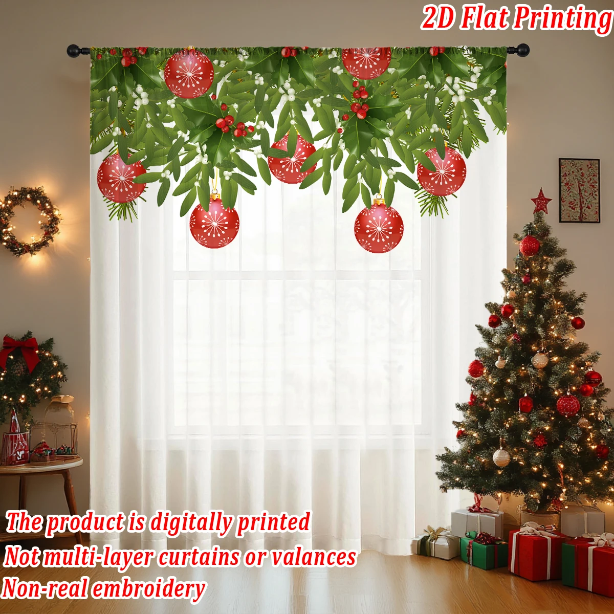 Kerst plat bedrukt doorschijnend gordijn met kerstbal dennentak voor woonkamer slaapkamer decor vakantiefeest