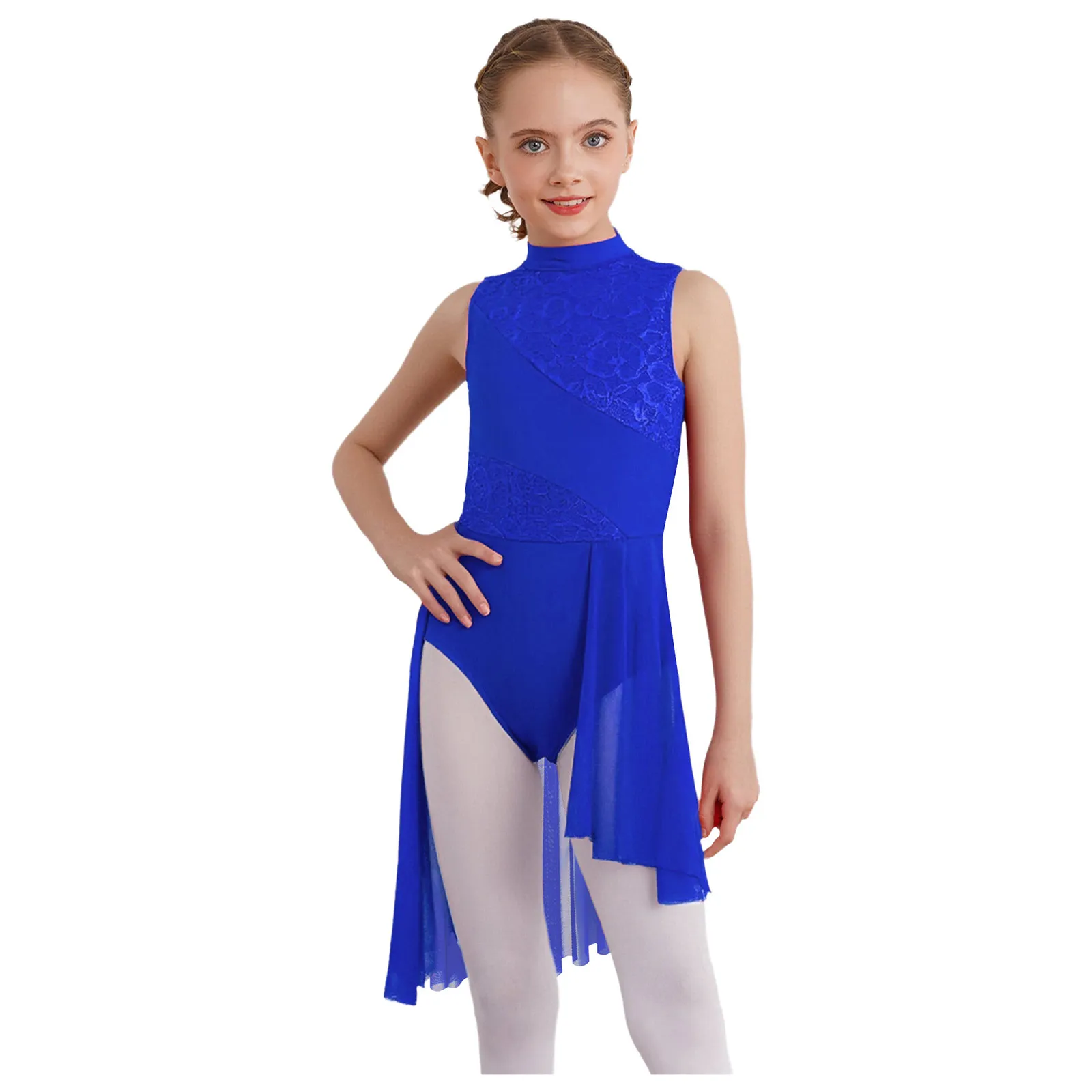 Leotardos de Ballet para patinaje y gimnasia para niñas, traje de actuación de danza lírica, vestido con dobladillo asimétrico de retazos de encaje Floral