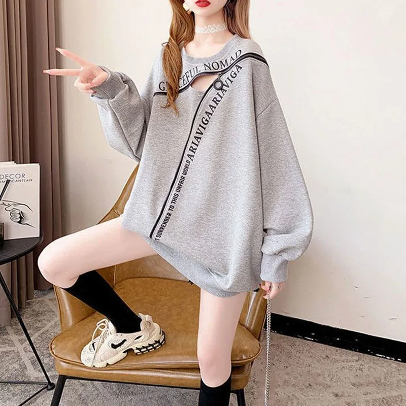 New Autumn Fashion Design Feeling Lazy Style Spliced Zipper Loose and Versatile Foreigner Long Sleeve Casual Women\'s Sweater