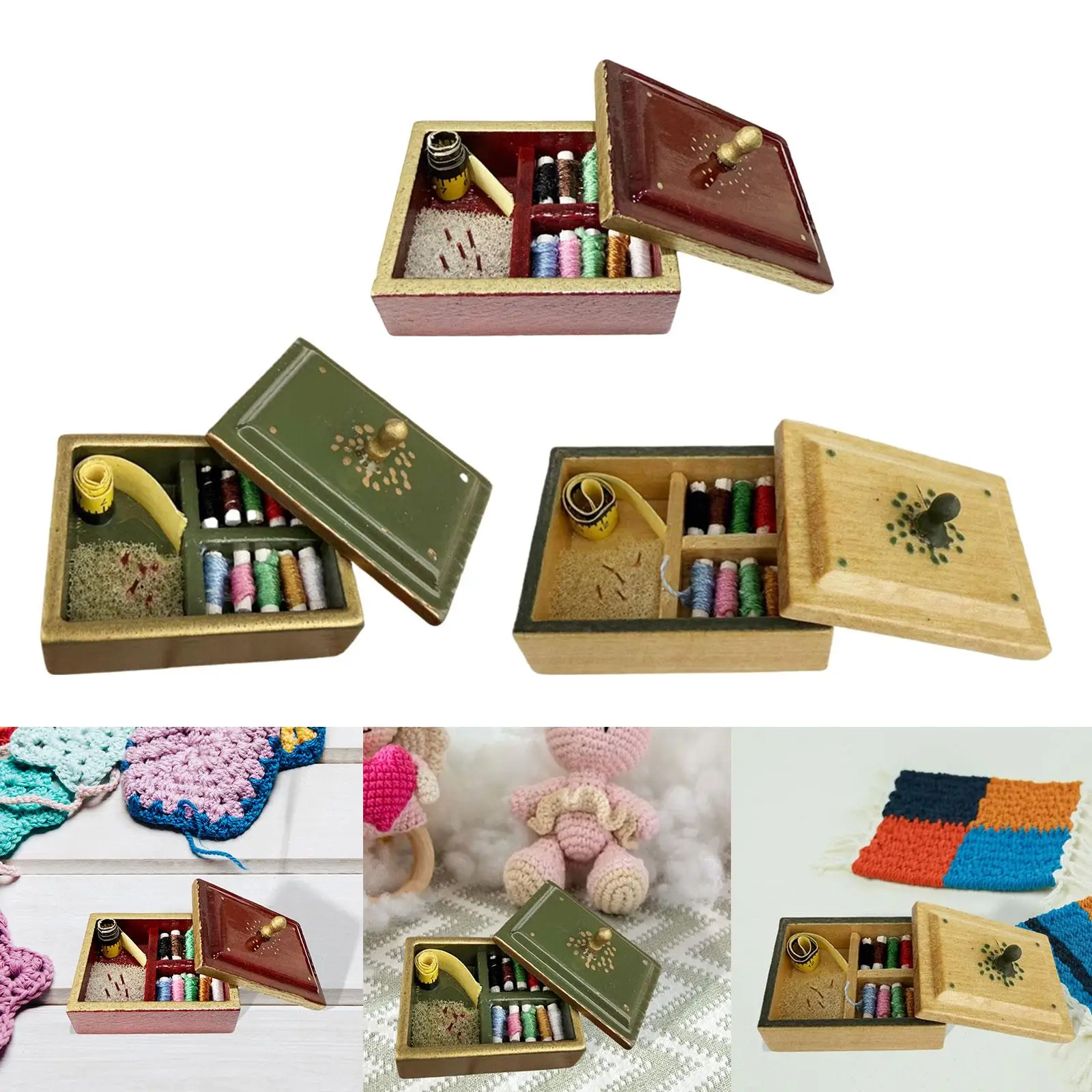 Kit de herramientas de costura para casa de muñecas a escala 1:12, accesorios para muñecas, simulación de decoración, Mini caja de costura Vintage con cubierta, piezas de casa de muñecas de juguete