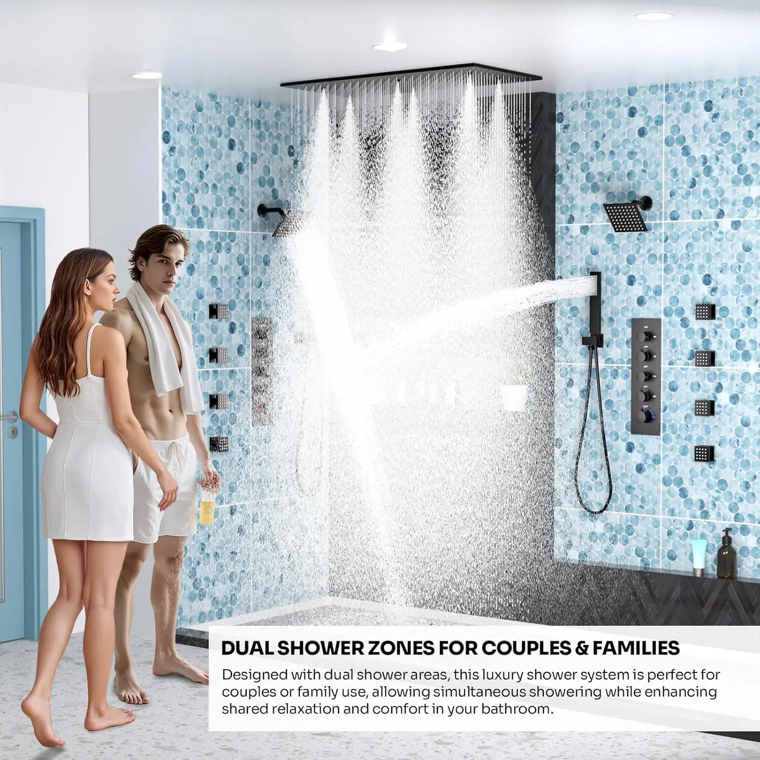 Ceiling Blackened Brass Thermostatic Faucets Shower System Set with Rain LED Top Shower Head