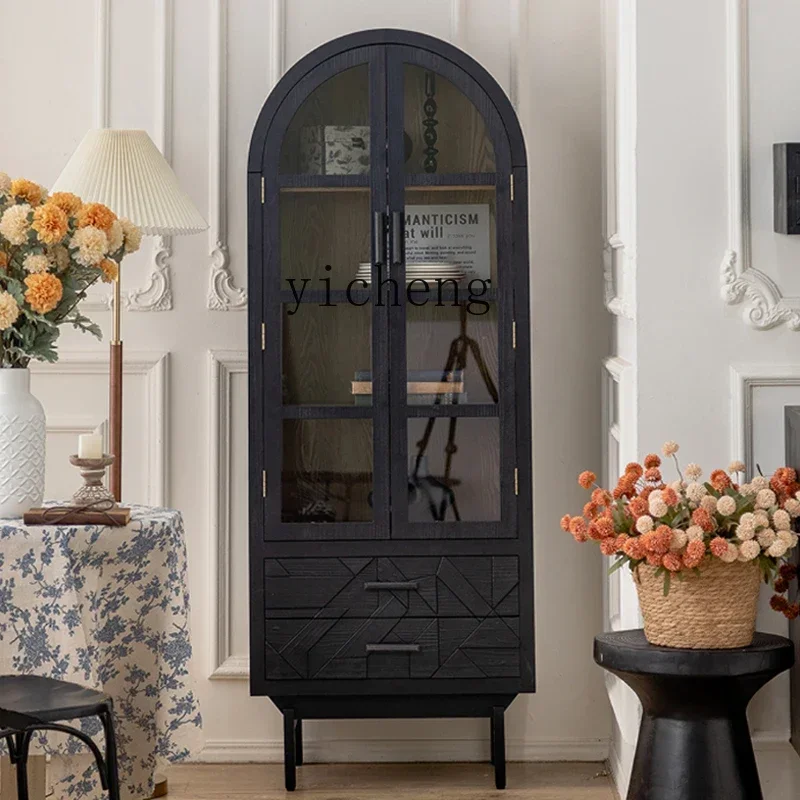 1-D29 Solid Wood Display Cabinet Study Arched Glass Dustproof Sundries Storage Restaurant Retro Cabinet