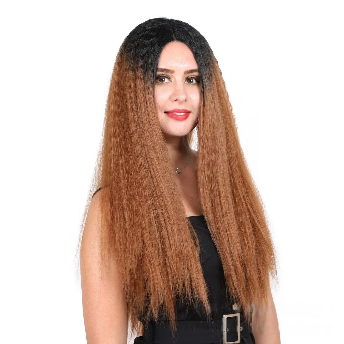 Wig Rambut Lurus Kinky dengan Lace Front untuk Wanita, Wig Afro Yaki Gelombang Panjang Keriting Lurus Ombre Cokelat, Wig Cosplay Pesta Halloween yang Mengembang