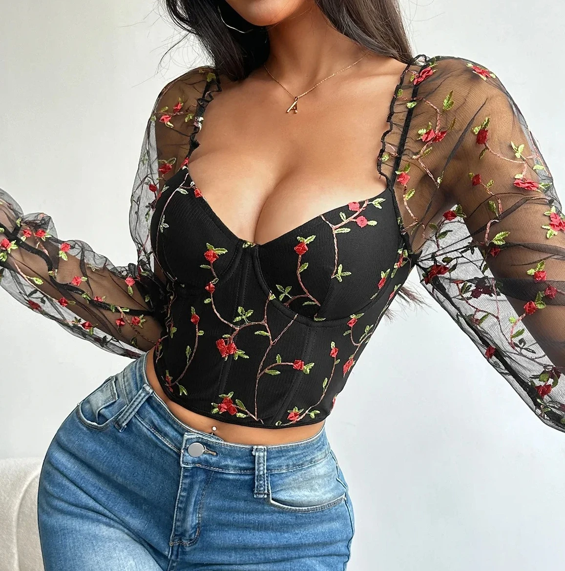 

Корсет-бюстье женский, сексуальный, сетчатый, с длинными рукавами, с вышивкой в виде цветов, на косточках, облегающий, универсальный, модный