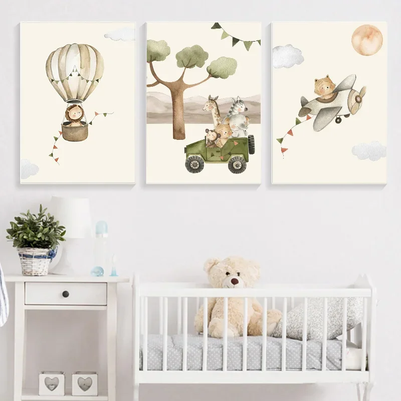 سفاري مغامرة الكرتون المشارك منطاد الهواء الساخن طائرة سيارة غرفة الأطفال قماش اللوحة مجال الحضانة غرفة نوم جدار الفن
