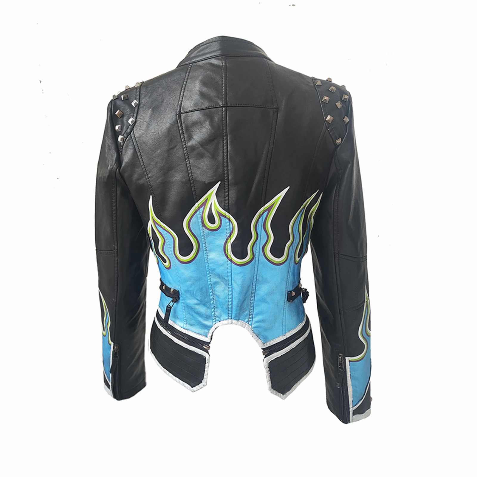 Giacca da Donna in Ecopelle PU con Borchie e Rivetti, Vestibilità Perfetta, Pelle Artificiale con Graffiti Disegnati a Mano, Stile Punk Moto Biker
