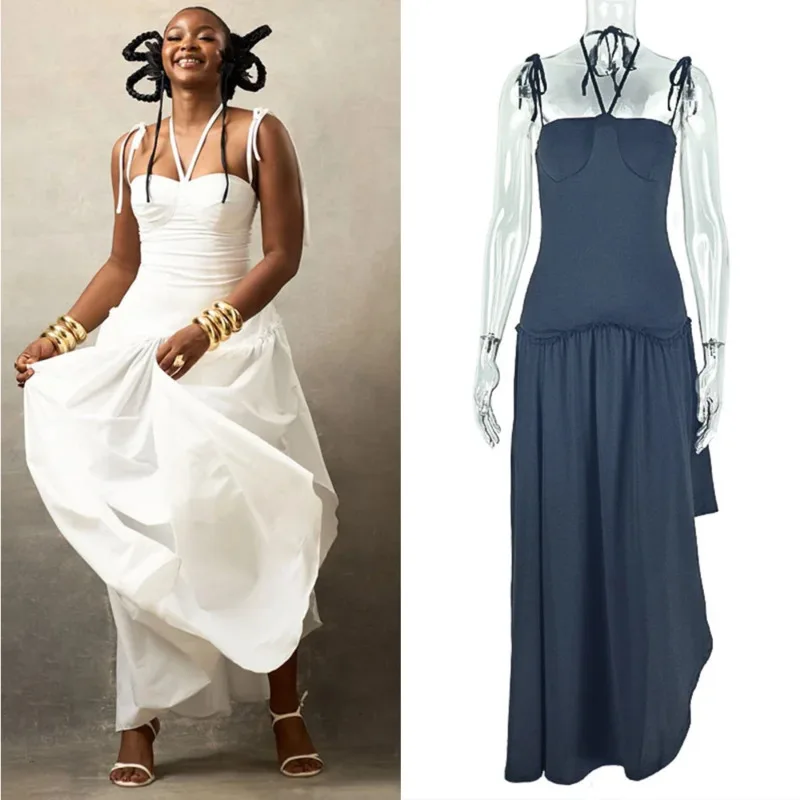 

2025 Women’s Solid Color Backless Maxi Dress Halter Neck A-line Pleated Bodycon Long Dress With Tied Straps Elegant Party Dress