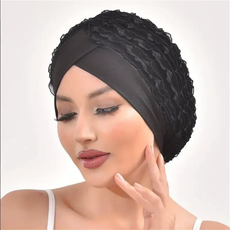 Fashion Women Ruffle Lace Turban Cap Elastic Islamic Female Solid Color Head Wraps Muslim Headscarf Lady Beanie Caps