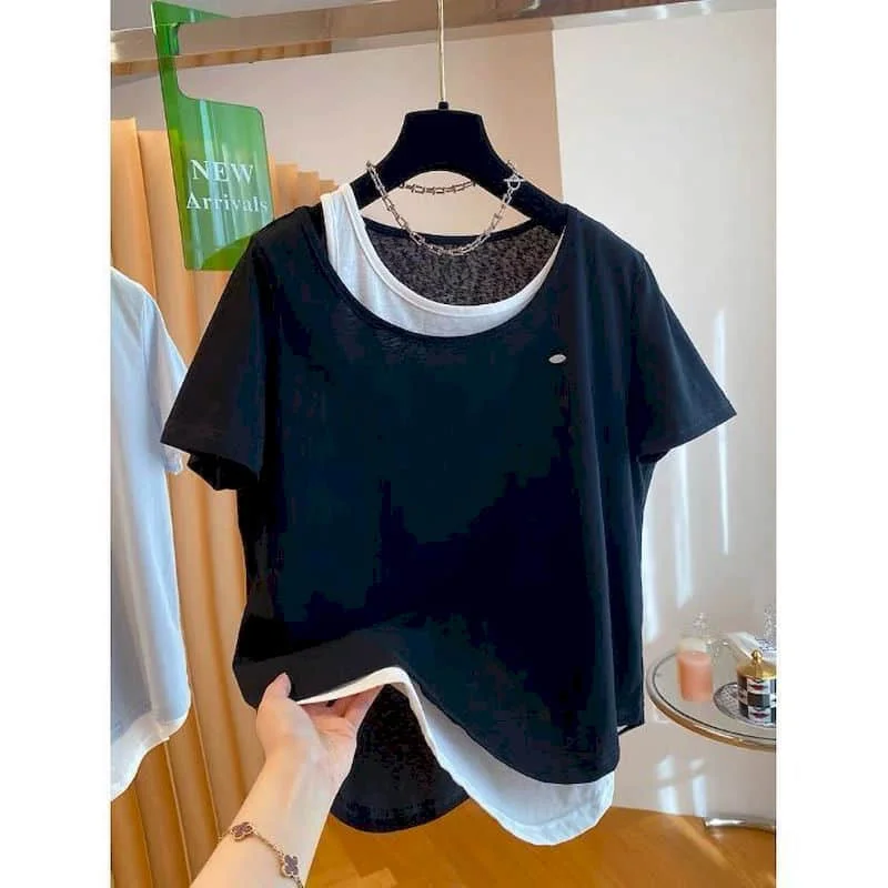 O-neck T-shirts for Women 2026 Summer Aesthetic Slimming False Two-piece Tops Casual Korean Style Short Sleeve Women Clothes