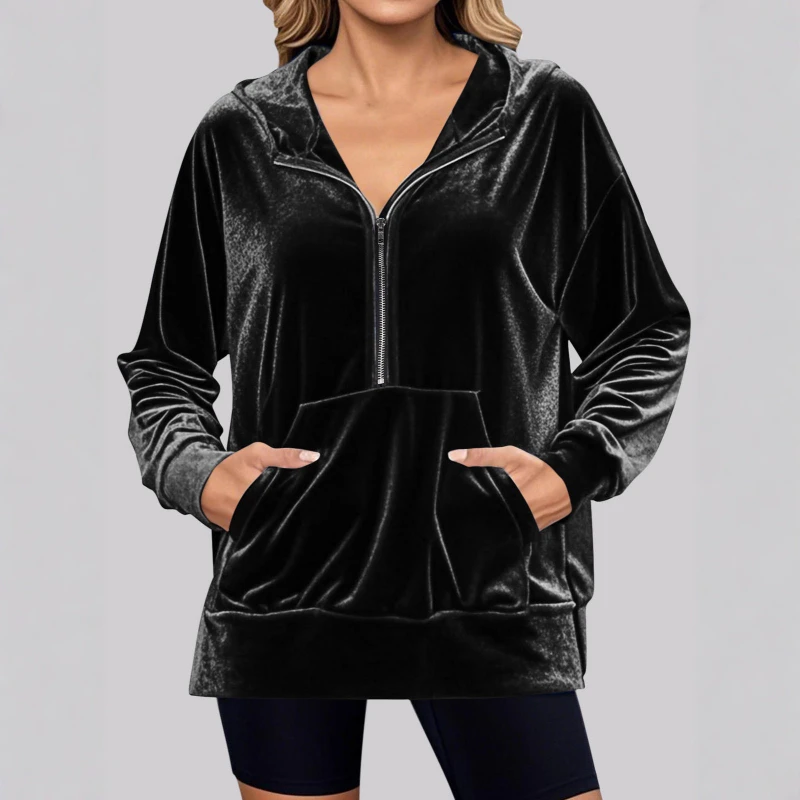 Bluza z kapturem na jesień/zimę 2025, długi rękaw, kieszeń na zamek błyskawiczny, damska bluza do pracy