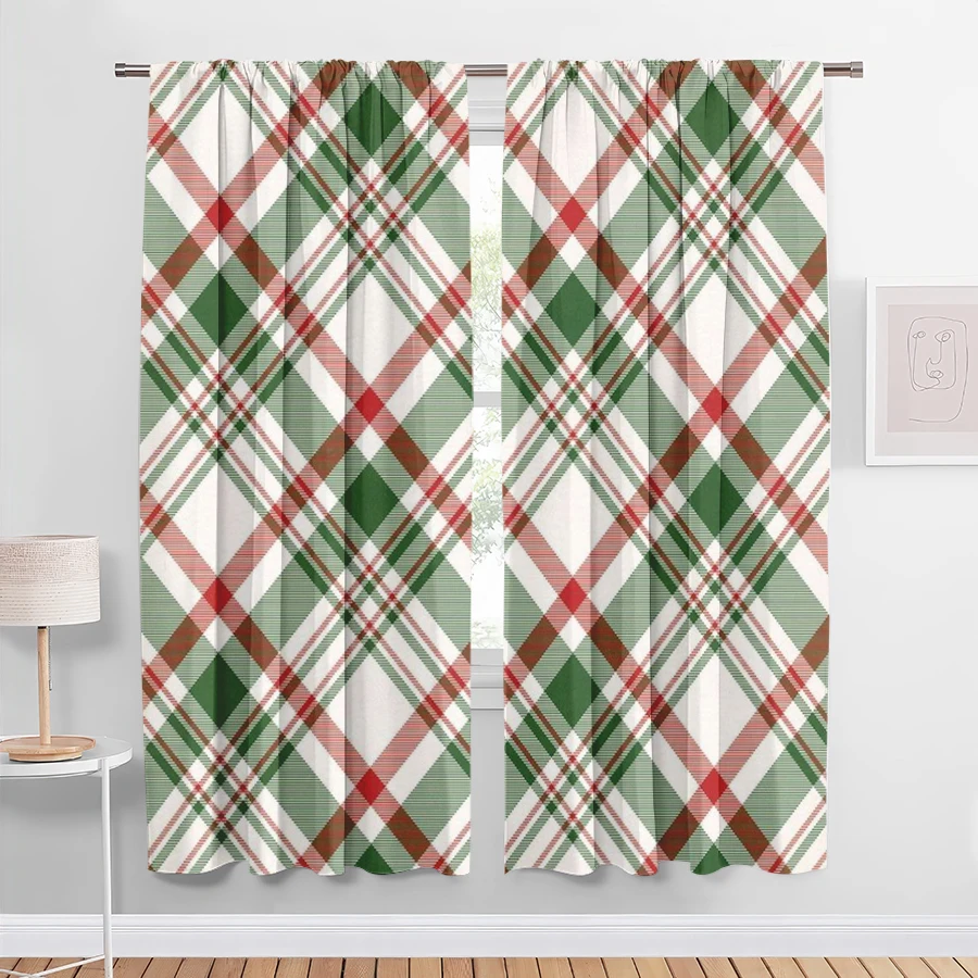 2PCS Digital Print Christmas Curtains, Red Green White Diagonal Plaid, Classic Scottish Window Drapes for Holiday Home Decor