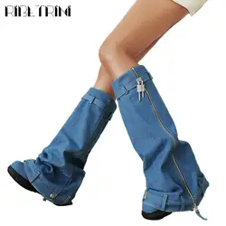 Denim Designer Women Padlock Fold Ocer Boots Designer Cool Fashion Luxury Motorcycle Shoes Wedges Platform non-slip Winter Boot