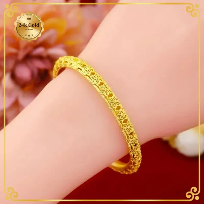 

24k 999 Yellow Gold Bracelet Women's Style Classical Retro Wedding Style Fashion Simple gold bracelet Holiday Gift