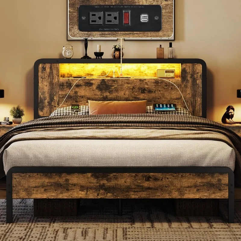 

Queen Bed Frame Metal Bed with Wooden Headboard/Footboard, Storage Space and Adjustable LED Light, Rustic Brown Queen Bed