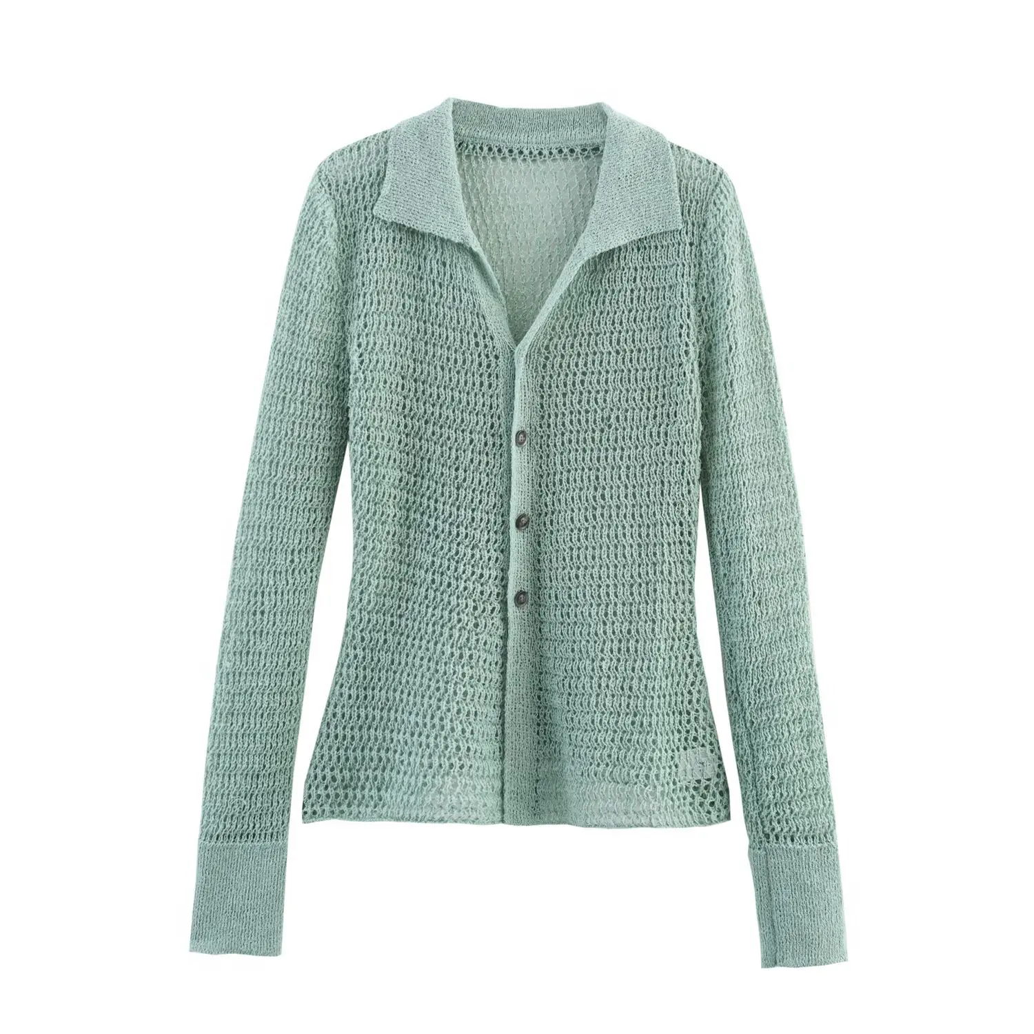 

ZBZA Women's Slim Fit Knitted Cardigan Hollow Lapel Long-sleeved Single-breasted High-elastic Top Spring Summer Female Chic Coat