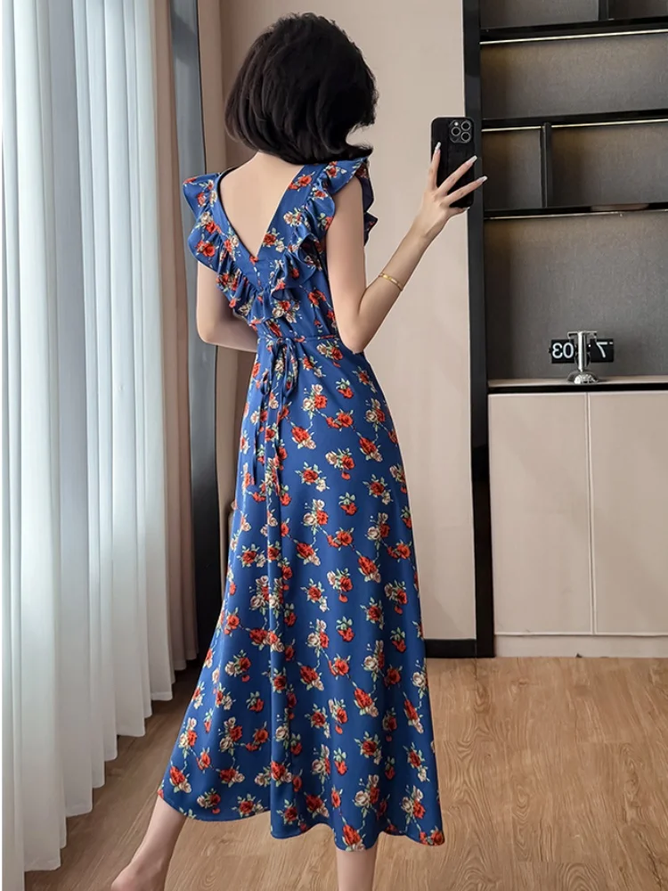 SMTHMA 2025 New Fashion Blue Floral French Square Neck Summer Dresses Women's Slimming Waist A-line Big Swing Long Dress
