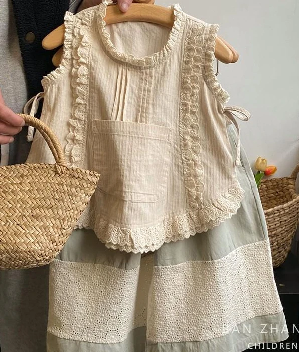 

Летний комплект для девочек, кружевная майка, рубашка, детская одежда, Новинка лета 2024, Тонкий Топ без рукавов, Модный милый и нежный комплект