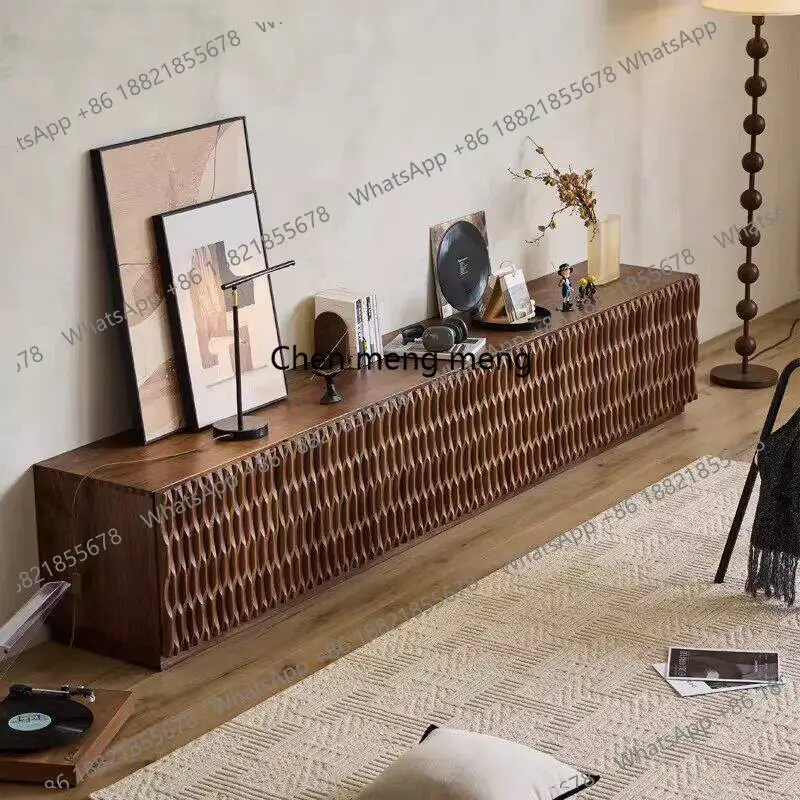 

Medium-style small apartment solid wood TV cabinet living room floor carving simple retro TV cabinet storage storage