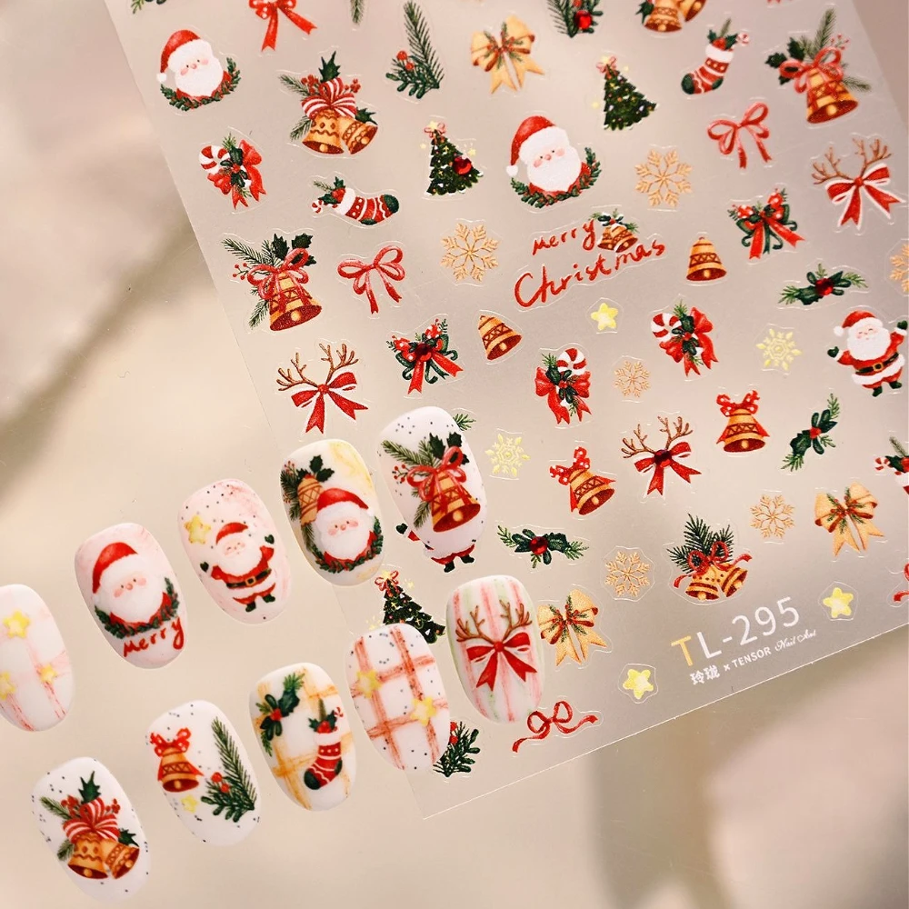 Red Rhinestone Cute Santa Claus Christmas Tree Snowflake Candy Canes Jingle Bells Bows 3D Nail Art Stickers Xmas Manicure Decals