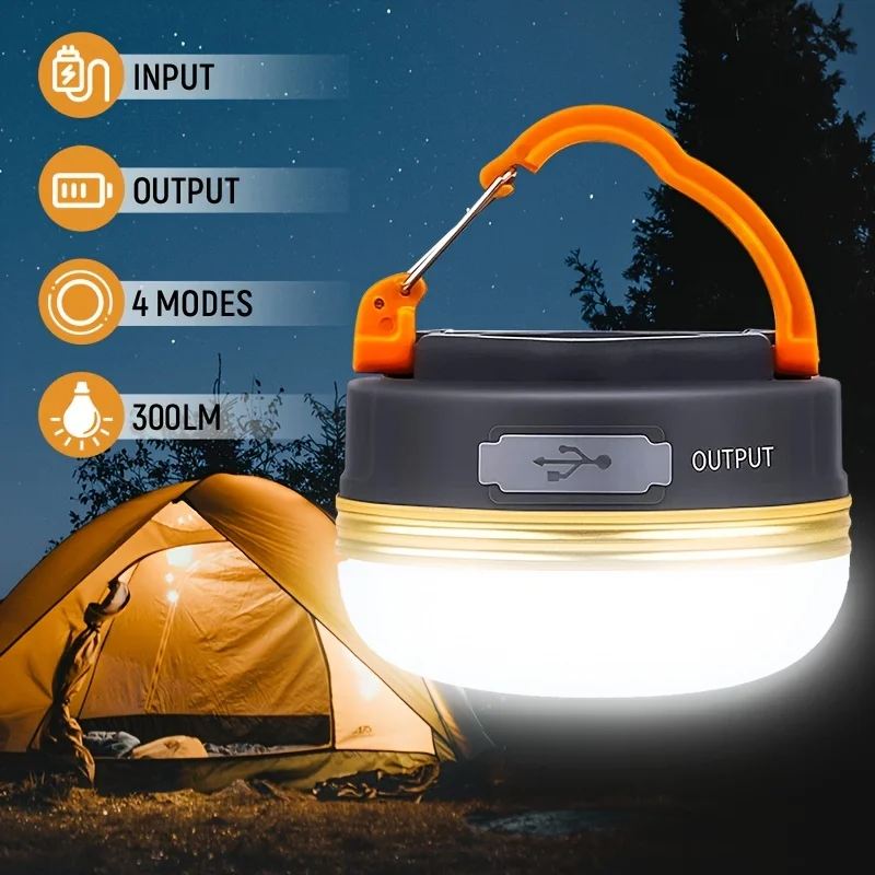 300LM Bright Rechargeable LED Camping Lantern with Magnet Base - Portable, Water-Resistant, 4-Mode Tent Light with USB Charging