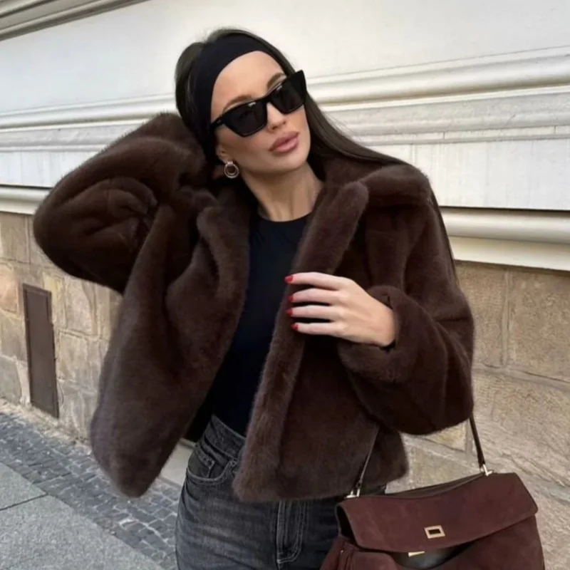 Women Solid Faux Fur Short Coat Lady Lapel Collar Open Front Long Sleeve Loose Fit Warm Winter Fuzzy Plush Fashion Outerwear