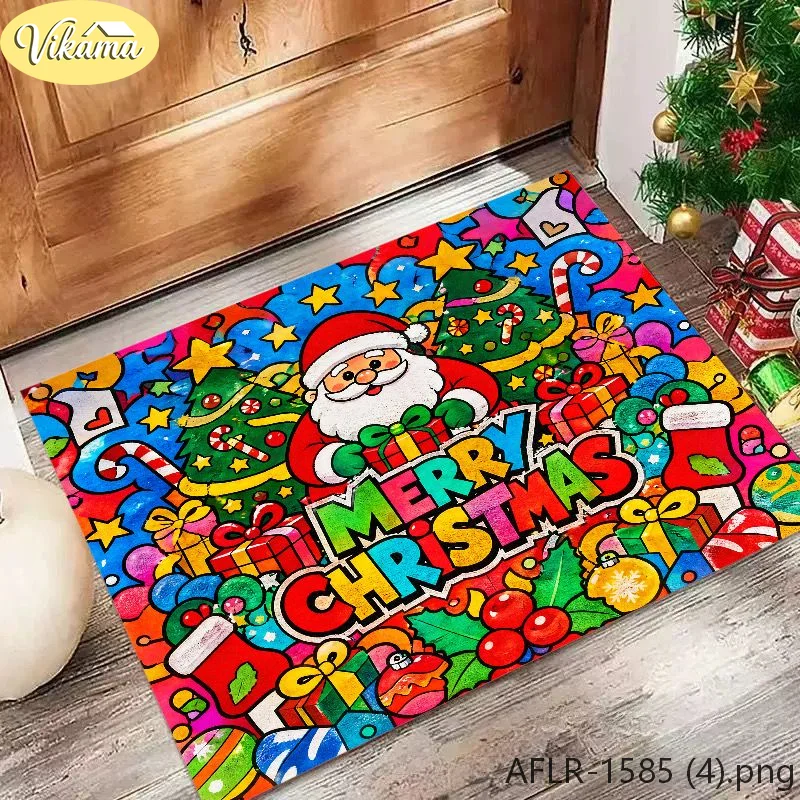 VIKAMA Graffiti Cartoon Santa Claus Doormat Colorful Merry Christmas Letter Non Slip Entryway Doormat Washable Home Decor