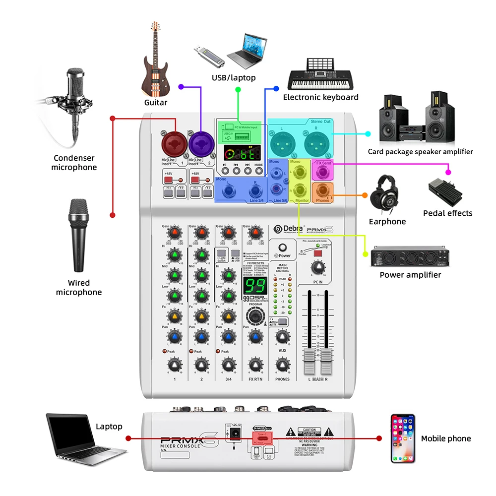 Console mixer audio DJ con 99 DSP e scheda audio Bluetooth collegata al computer per la miscelazione audio professionale